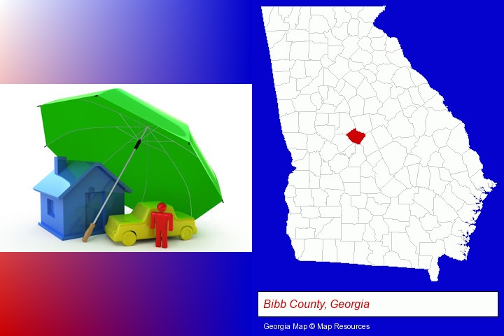 types of insurance; Bibb County, Georgia highlighted in red on a map