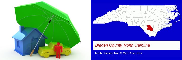 types of insurance; Bladen County, North Carolina highlighted in red on a map