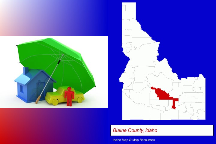 types of insurance; Blaine County, Idaho highlighted in red on a map