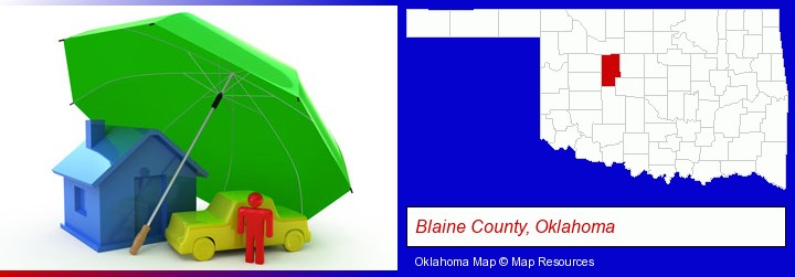 types of insurance; Blaine County, Oklahoma highlighted in red on a map