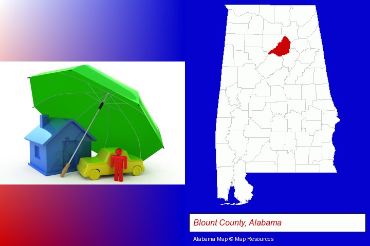 types of insurance; Blount County, Alabama highlighted in red on a map