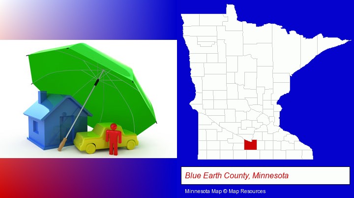 types of insurance; Blue Earth County, Minnesota highlighted in red on a map