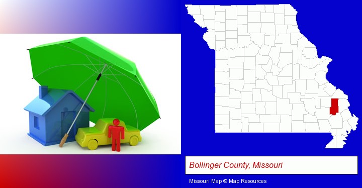 types of insurance; Bollinger County, Missouri highlighted in red on a map