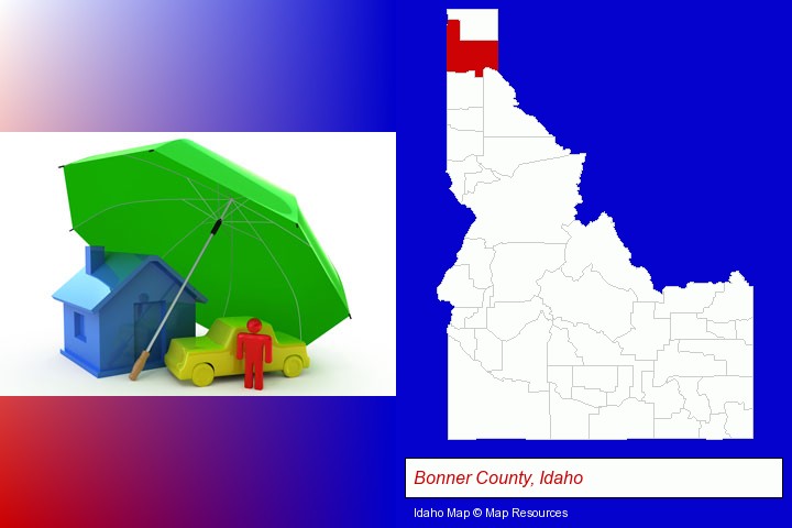 types of insurance; Bonner County, Idaho highlighted in red on a map