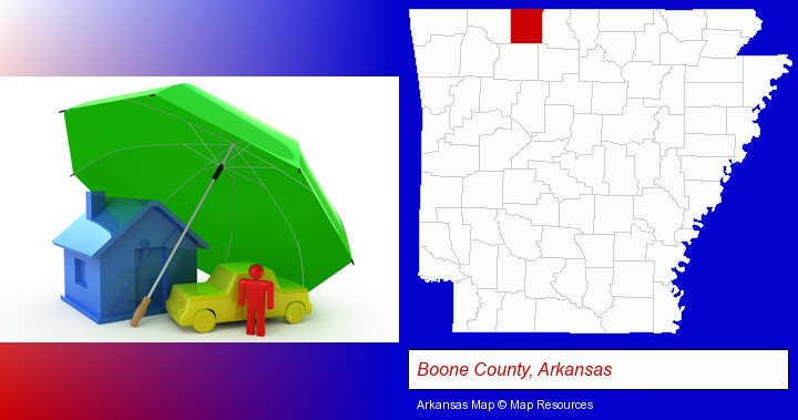 types of insurance; Boone County, Arkansas highlighted in red on a map