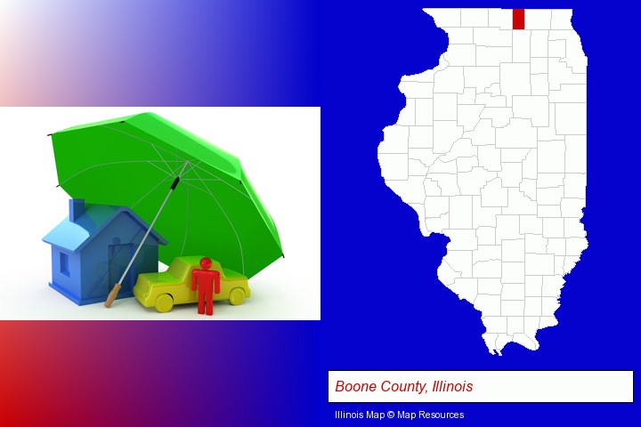 types of insurance; Boone County, Illinois highlighted in red on a map