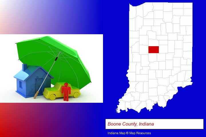 types of insurance; Boone County, Indiana highlighted in red on a map