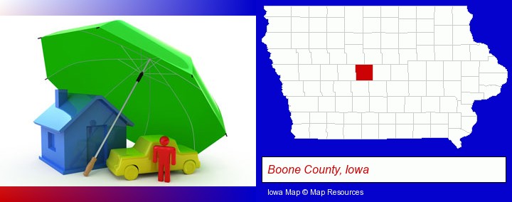 types of insurance; Boone County, Iowa highlighted in red on a map