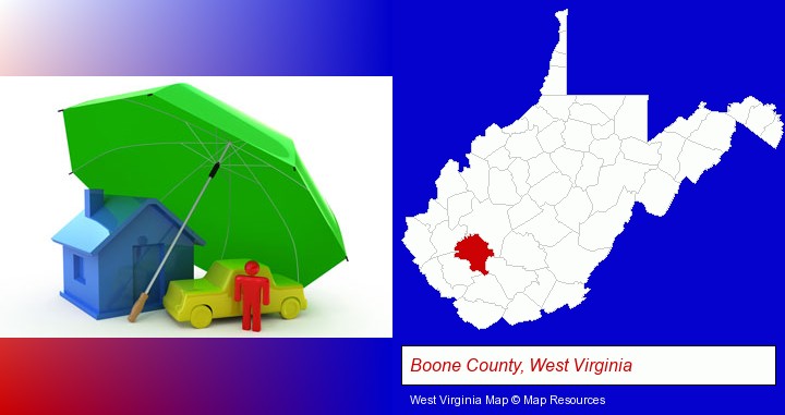 types of insurance; Boone County, West Virginia highlighted in red on a map