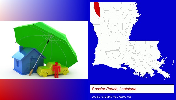 types of insurance; Bossier Parish, Louisiana highlighted in red on a map