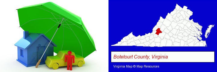 types of insurance; Botetourt County, Virginia highlighted in red on a map