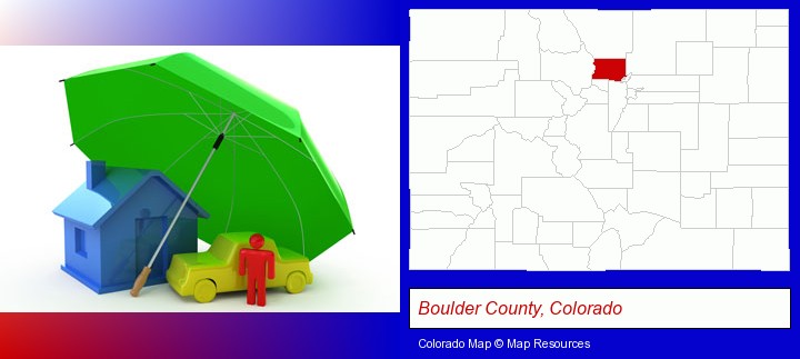 types of insurance; Boulder County, Colorado highlighted in red on a map