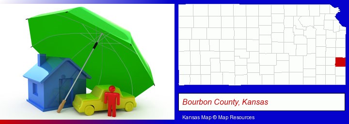 types of insurance; Bourbon County, Kansas highlighted in red on a map