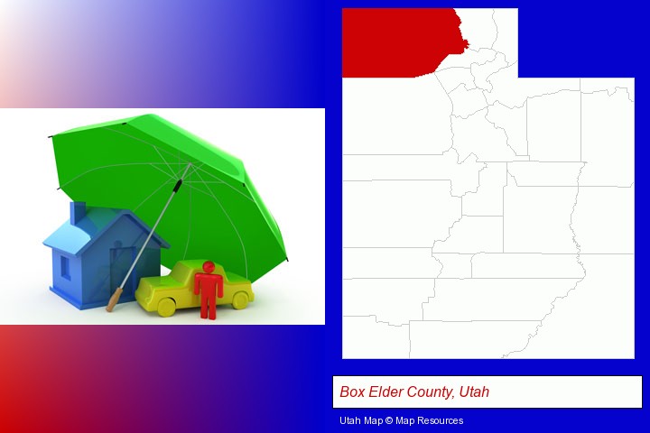 types of insurance; Box Elder County, Utah highlighted in red on a map