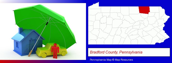 types of insurance; Bradford County, Pennsylvania highlighted in red on a map