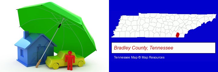 types of insurance; Bradley County, Tennessee highlighted in red on a map