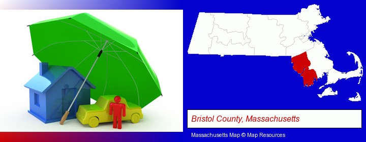 types of insurance; Bristol County, Massachusetts highlighted in red on a map