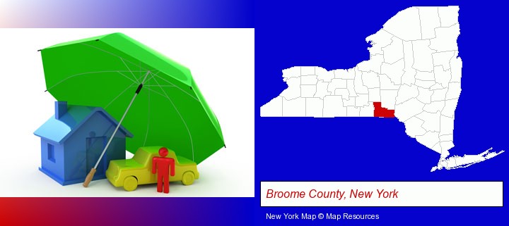 types of insurance; Broome County, New York highlighted in red on a map