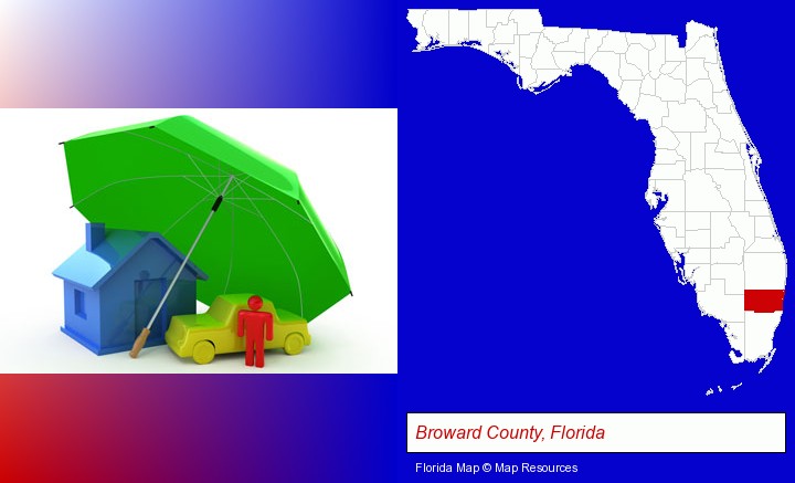 types of insurance; Broward County, Florida highlighted in red on a map