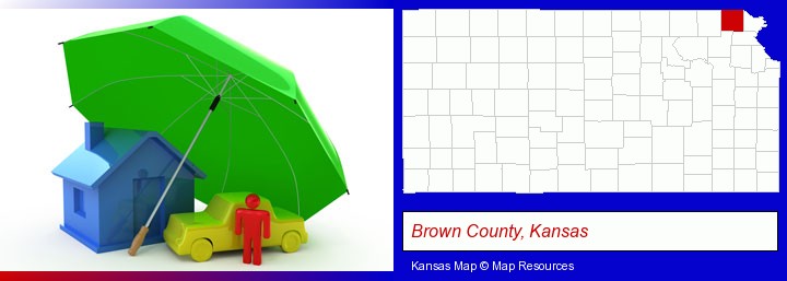 types of insurance; Brown County, Kansas highlighted in red on a map