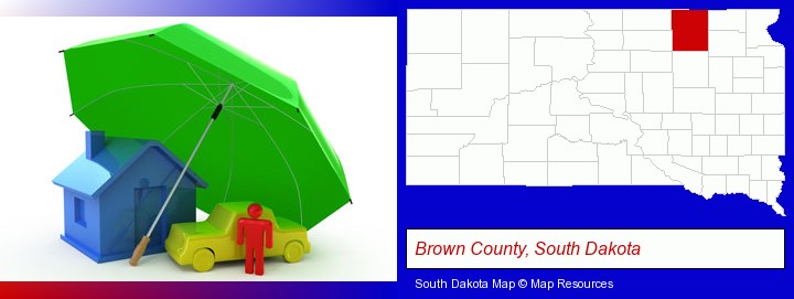 types of insurance; Brown County, South Dakota highlighted in red on a map