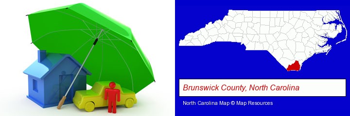 types of insurance; Brunswick County, North Carolina highlighted in red on a map