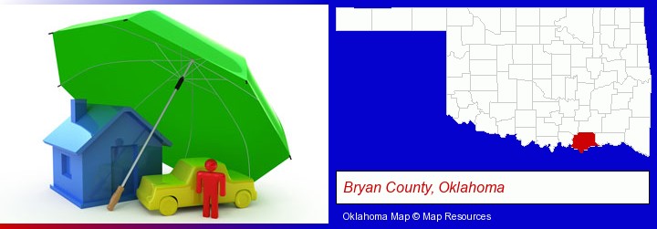 types of insurance; Bryan County, Oklahoma highlighted in red on a map