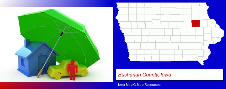 types of insurance; Buchanan County, Iowa highlighted in red on a map
