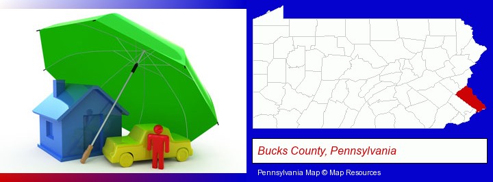 types of insurance; Bucks County, Pennsylvania highlighted in red on a map