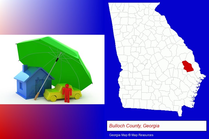 types of insurance; Bulloch County, Georgia highlighted in red on a map
