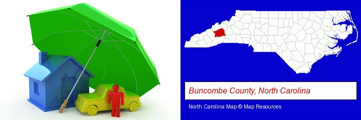 types of insurance; Buncombe County, North Carolina highlighted in red on a map