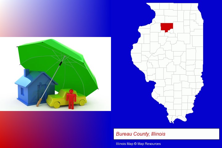 types of insurance; Bureau County, Illinois highlighted in red on a map
