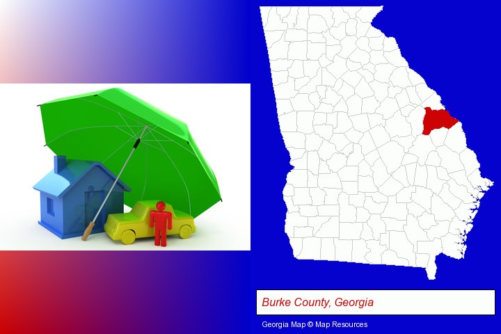 types of insurance; Burke County, Georgia highlighted in red on a map