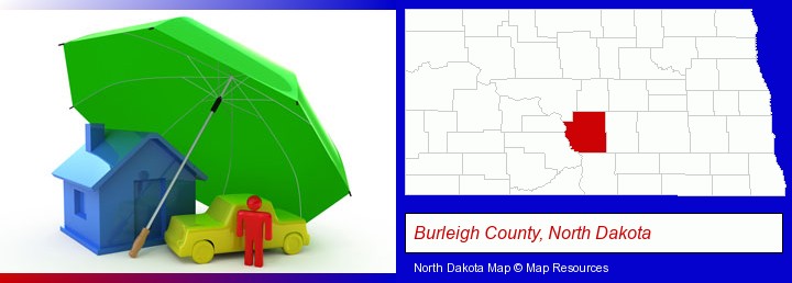types of insurance; Burleigh County, North Dakota highlighted in red on a map