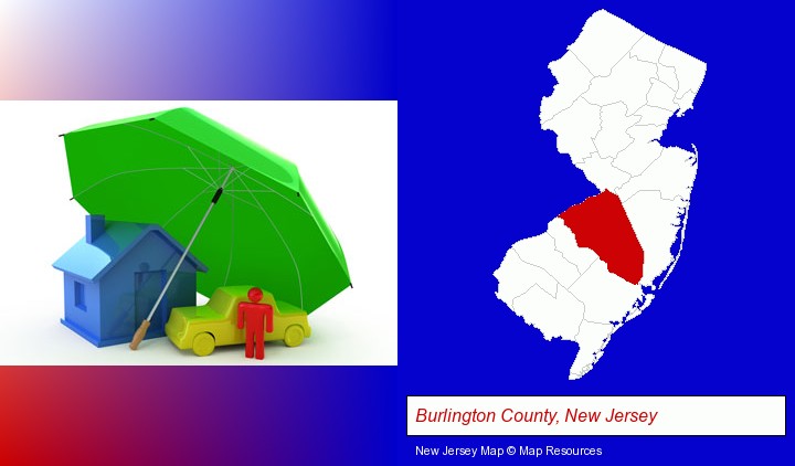 types of insurance; Burlington County, New Jersey highlighted in red on a map