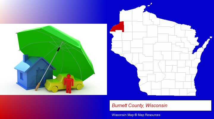 types of insurance; Burnett County, Wisconsin highlighted in red on a map