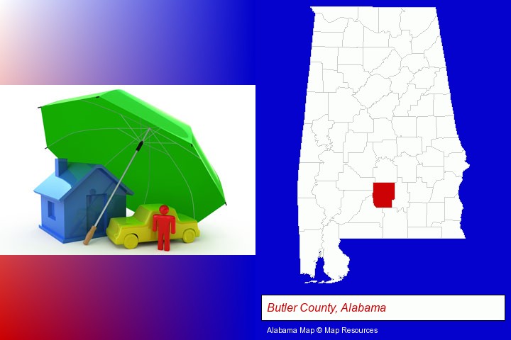 types of insurance; Butler County, Alabama highlighted in red on a map