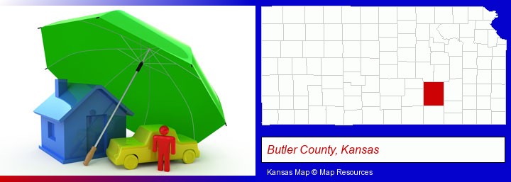 types of insurance; Butler County, Kansas highlighted in red on a map