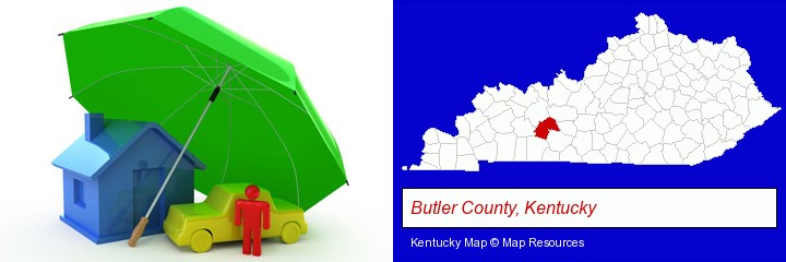 types of insurance; Butler County, Kentucky highlighted in red on a map