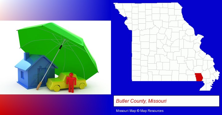 types of insurance; Butler County, Missouri highlighted in red on a map