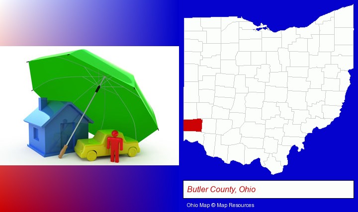types of insurance; Butler County, Ohio highlighted in red on a map