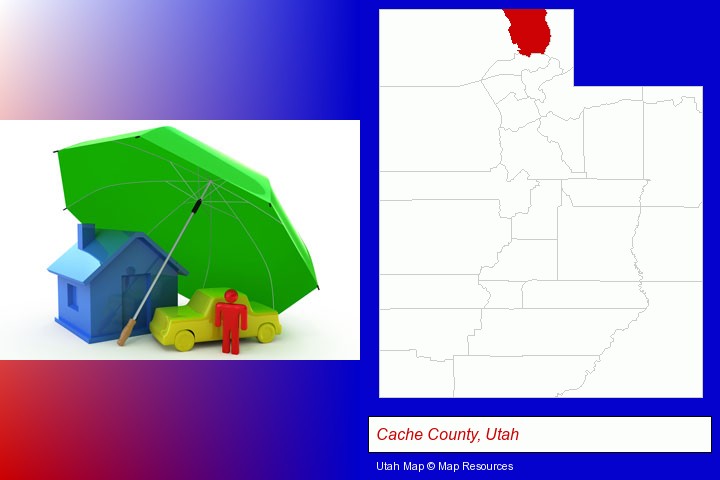 types of insurance; Cache County, Utah highlighted in red on a map