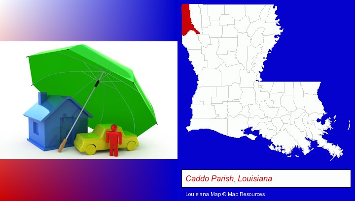 types of insurance; Caddo Parish, Louisiana highlighted in red on a map