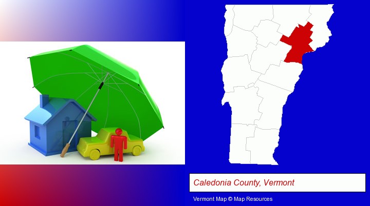 types of insurance; Caledonia County, Vermont highlighted in red on a map