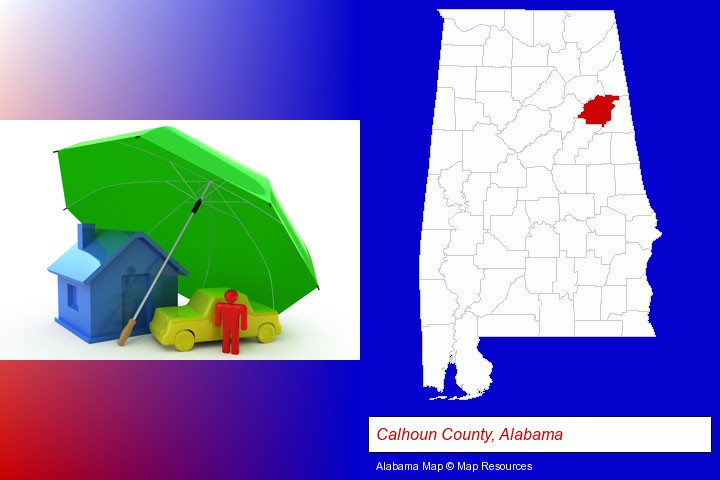 types of insurance; Calhoun County, Alabama highlighted in red on a map