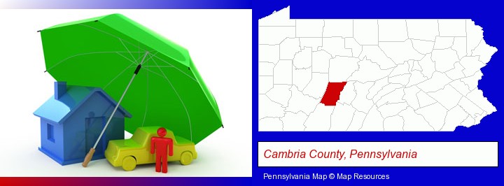 types of insurance; Cambria County, Pennsylvania highlighted in red on a map