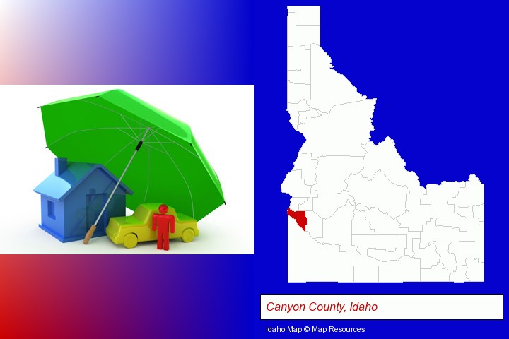 types of insurance; Canyon County, Idaho highlighted in red on a map
