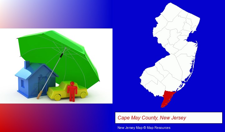 types of insurance; Cape May County, New Jersey highlighted in red on a map