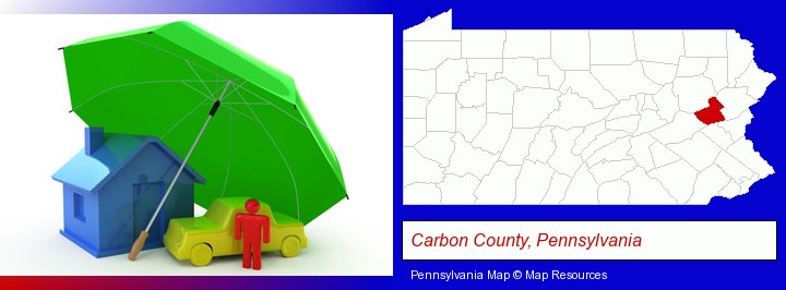 types of insurance; Carbon County, Pennsylvania highlighted in red on a map