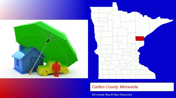 types of insurance; Carlton County, Minnesota highlighted in red on a map